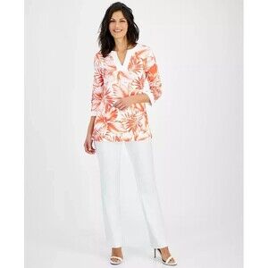 Anne Klein Women's Printed Split-Neck  3/4-Sleeve Top, White Vivid Orange, S